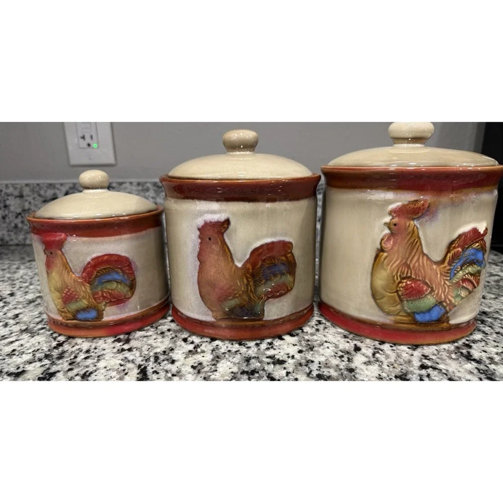 Vintage Rooster Chicken Canister Set of 3 Glazed Pottery Farmhouse Grandma Core